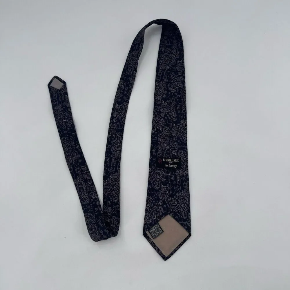 Ferrell Reed Tie All Silk Black Paisley In Cream & Violet VTG Fast Shipping